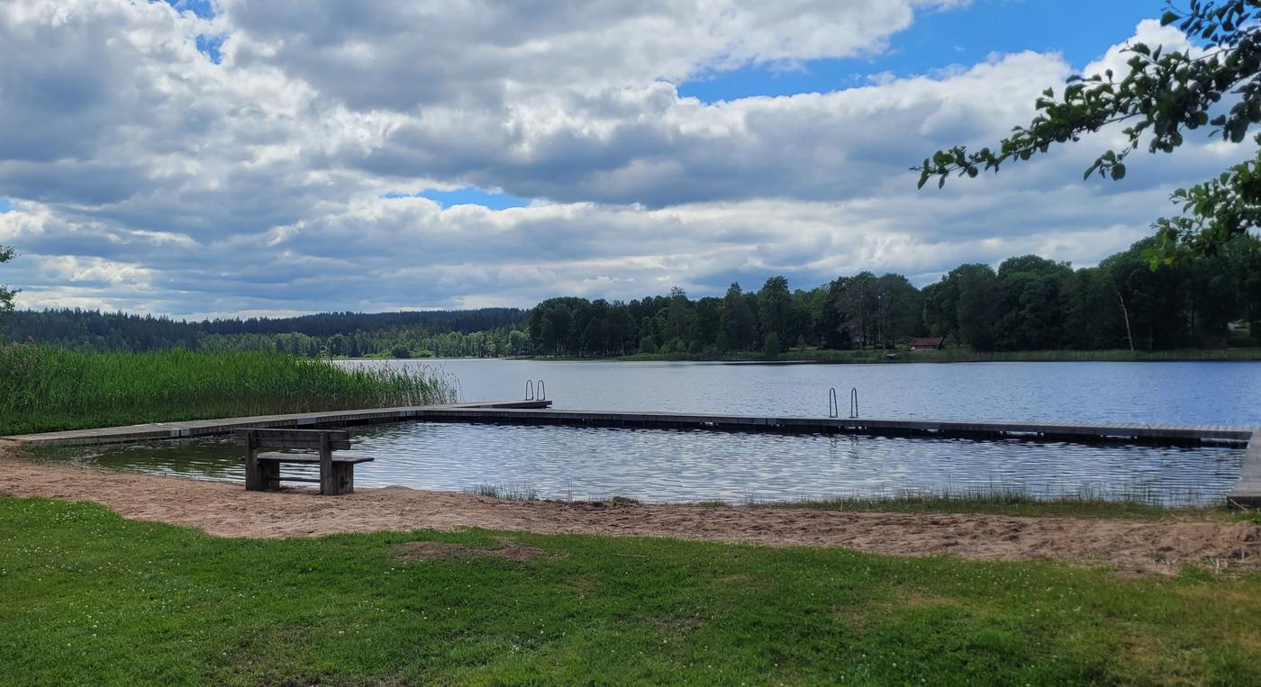 En badplats vid en skogssjö med en brygga som ramar in