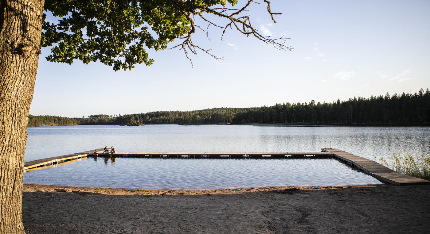 Ett sällskap syns på håll där de sitter på en brygga. Bryggan ramar in en badplats vid en skogssjö. I förgrunden syns en stor ek.