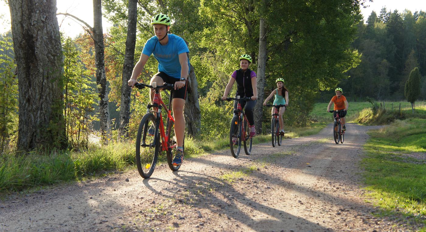 Tre cyklister cyklar på en grusväg