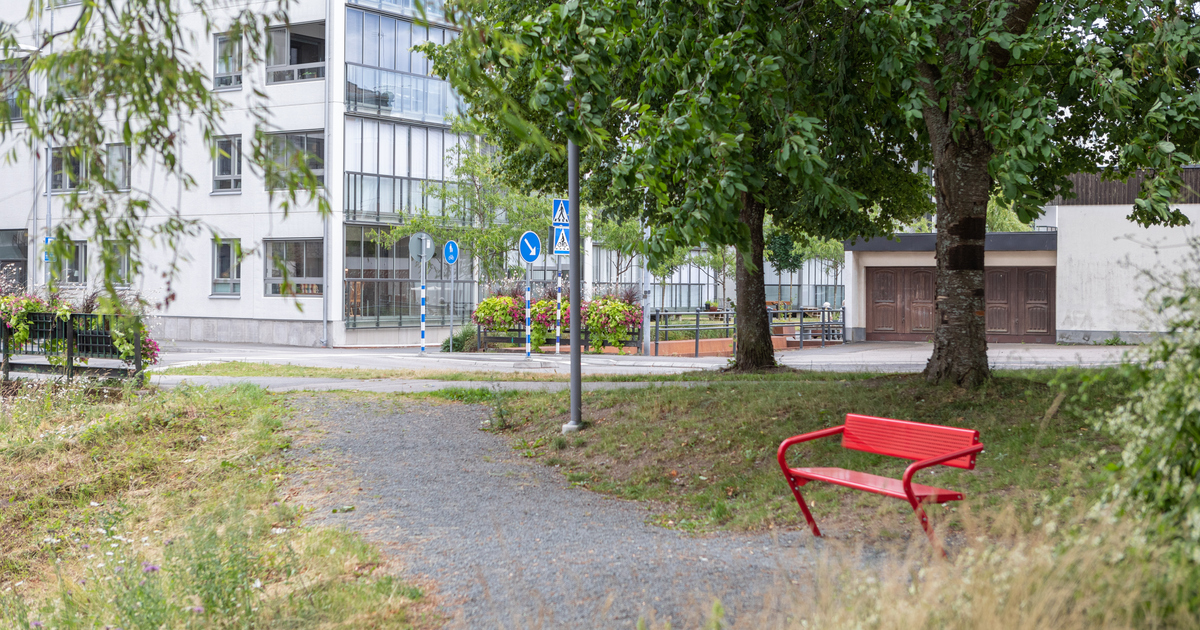 En tom parkmiljö med en röd bänk.