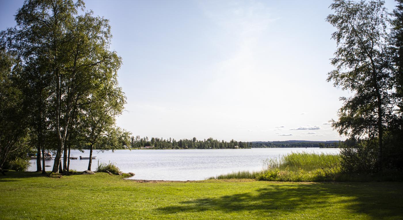 En stor gräsyta framför en sjö